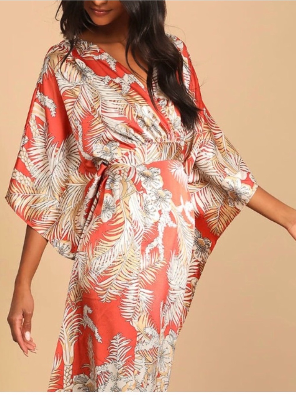 Lulu's Coral Tropical-Print Maxi Dress with Kimono Sleeves